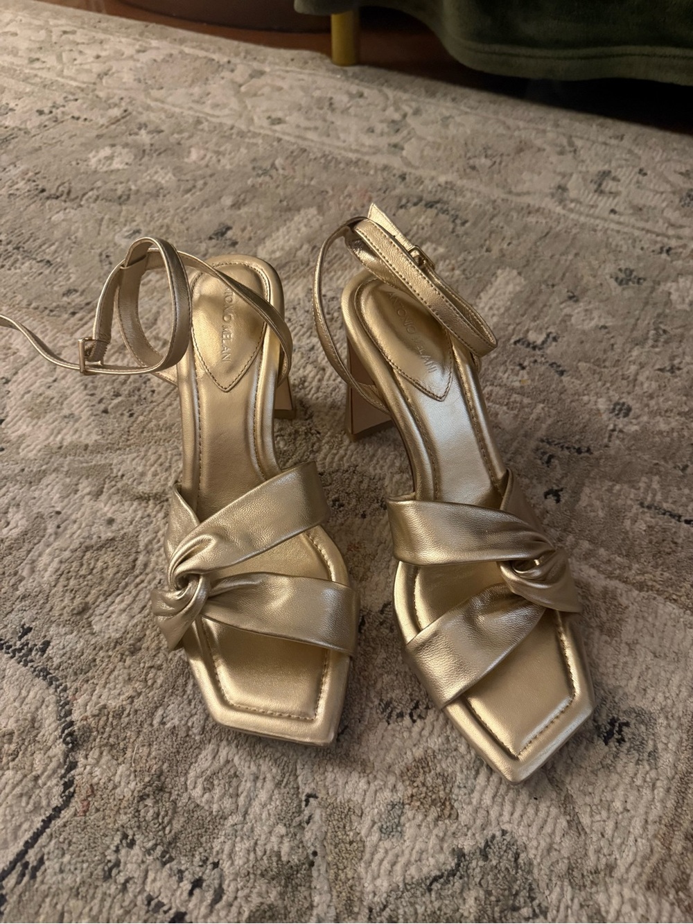 ANTONIO MELANI Metallic Gold Knot Ankle-Strap Heels